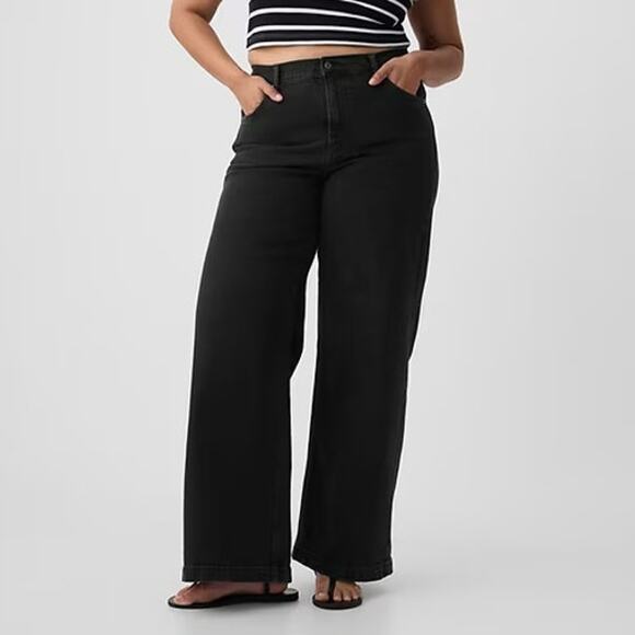 GAP Jeans Size 32/14R High Rise Stride Denim Washed Black Cotton Blend Wide Leg - Picture 1 of 15